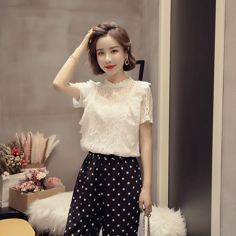 Lace Shirt Women's Summer Korean Version Fairy Style Short Sleeved Hollow Out Small Shirt Temperament Chiffon Top