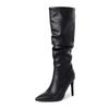 PU Autumn Winter Shoes Pointed Toe Super High Heels Equestrian Boots Pleated Keep Warm Fashion Knee Boots
