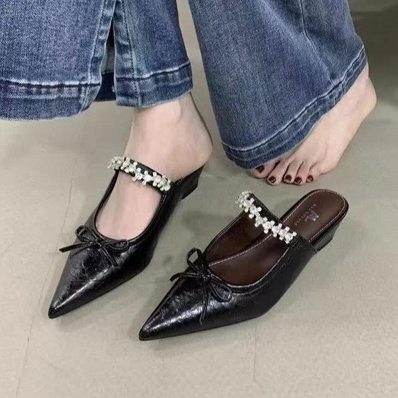 Fashion Wedges Crystal Women Slippers Elegant Mid Heels Sandals Slingback Mules Shoes Fashion Woman Pumps 2025 Summer New Dress Zapatos