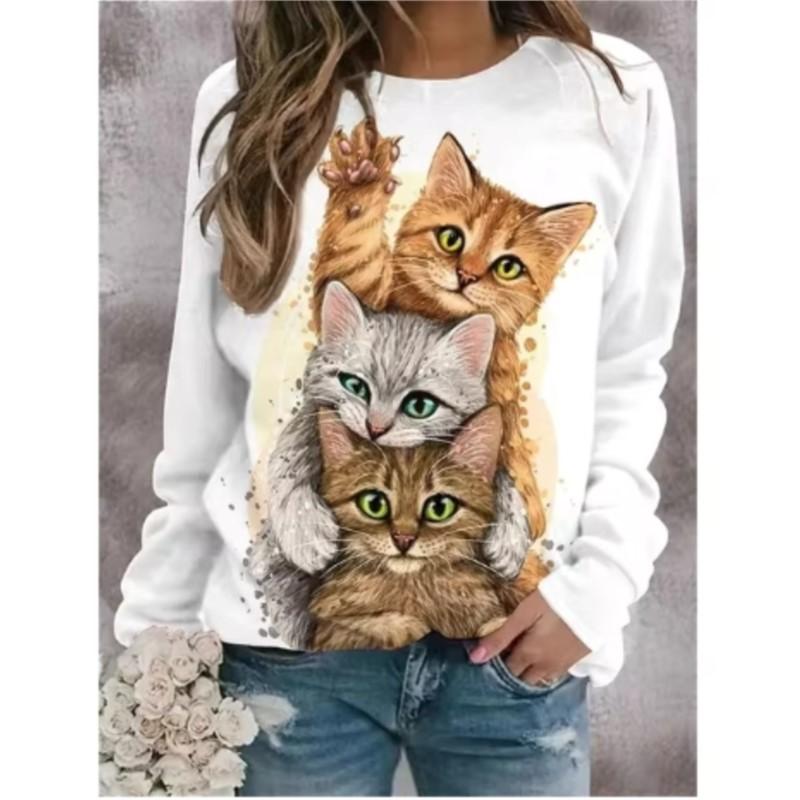 Kawaii Cat Women's Pullovers 3D Print Casual Long Sleeve Tees Oversized Harajuku Thin Hoodies Clothing Daily Tops