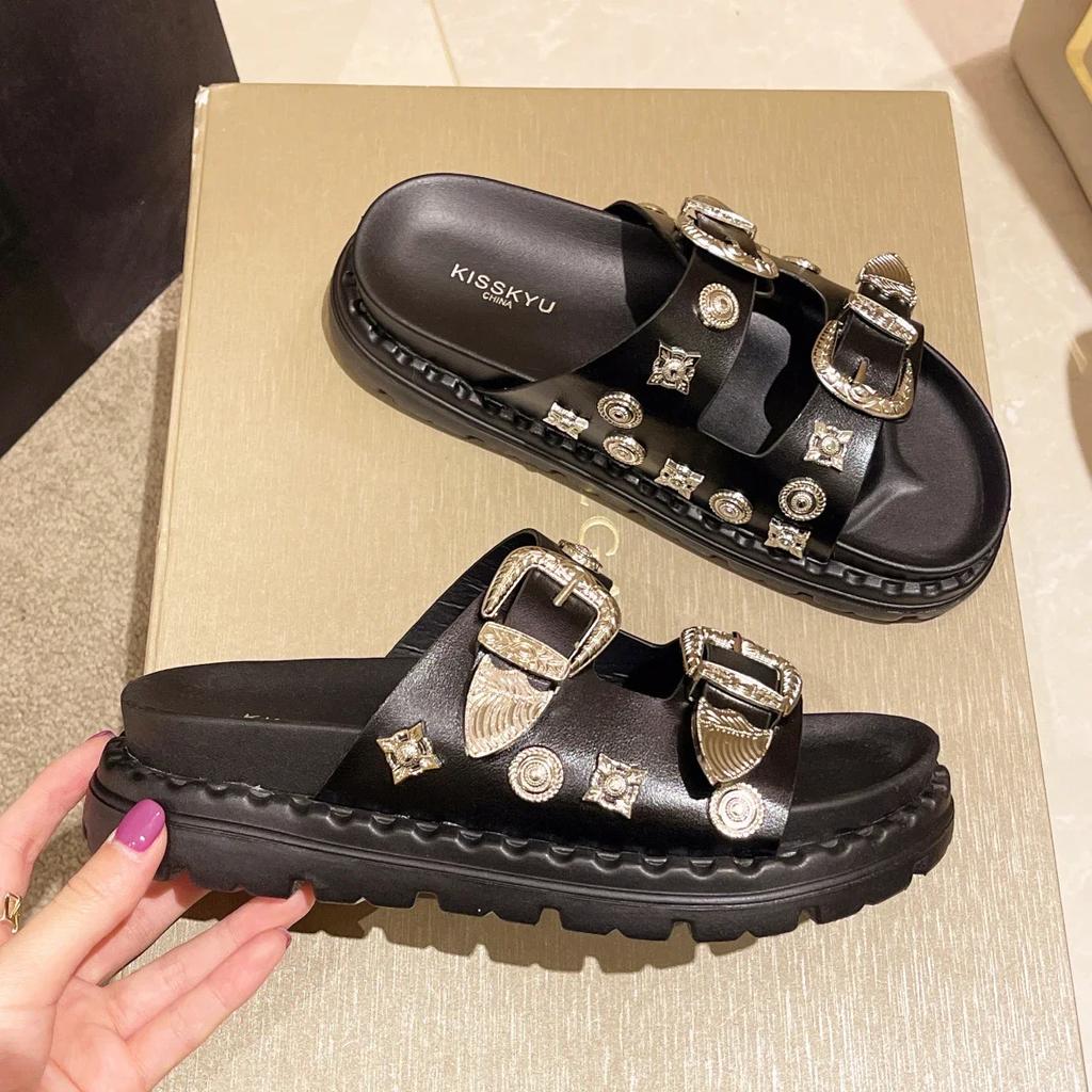 Fashion Summer Women Slippers Punk Rock Rivets Platform Leather Mules Creative Metal Fittings Slippers Female Casual Sandals Shoe Slides