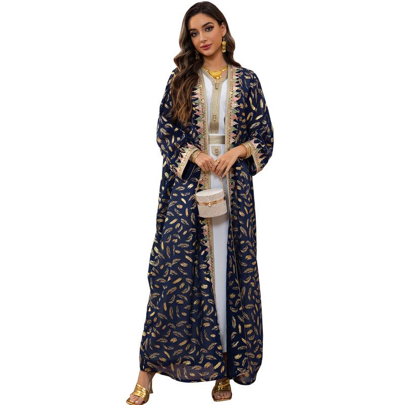 AB454 Women's Plus Size Dubai Chiffon Abaya Set - Three-Piece Middle Eastern Cardigan Long Dress with Hot Stamping