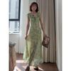 Summer Beautiful Atmosphere New Unique Beautiful Long Dress Green Floral Temperament Thin Dress Children's Leisure