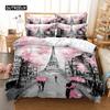 Duvet Cover Eiffel Tower Romantic Couple Flower King Comforter Cover Microfiber France Paris Cityscape Bedding Set for Teen