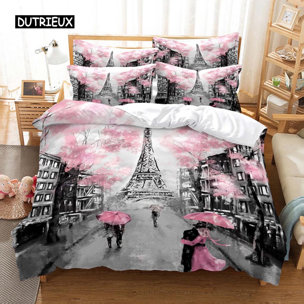 Duvet Cover Eiffel Tower Romantic Couple Flower King Comforter Cover Microfiber France Paris Cityscape Bedding Set for Teen