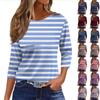 Women's Fashion Casual Loose 3/4 Sleeve Striped Printed Round Neck Top