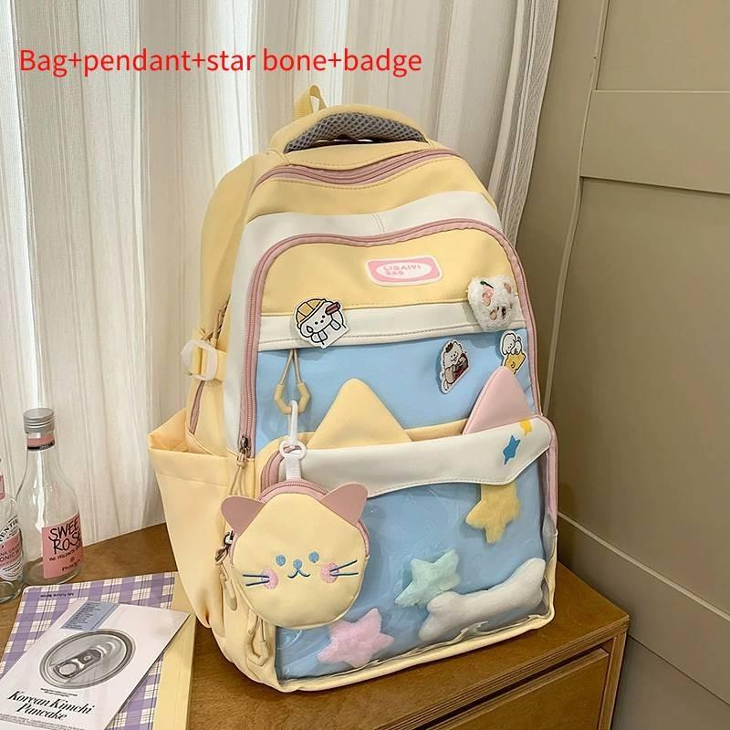 Blocked Color Fashion Cat Ear Design Student Backpack With Pendant Badge And