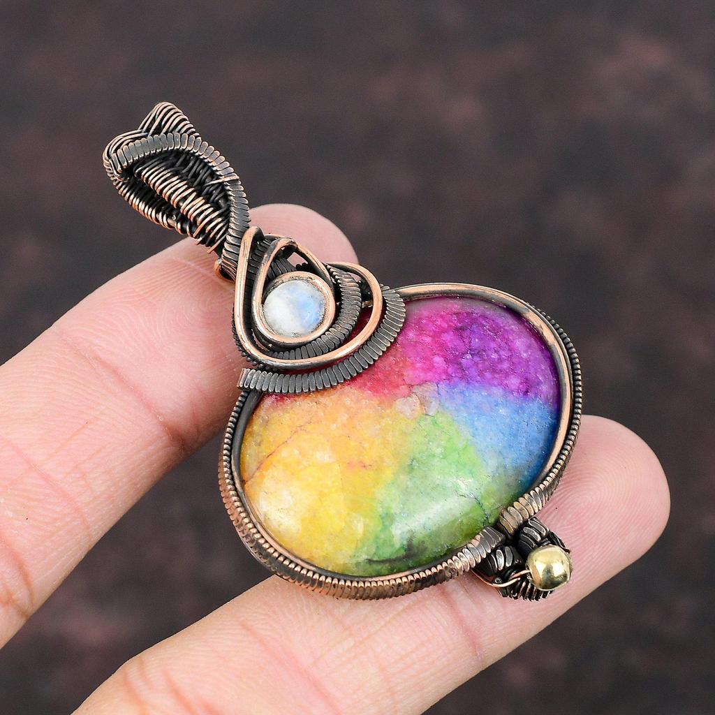 Rainbow Solar Quartz Druzy Copper Wire Wrapped Pendant Rainbow Moonstone Pendant Copper Jewelry Gemstone Pendant For Women Handmade Jewelry