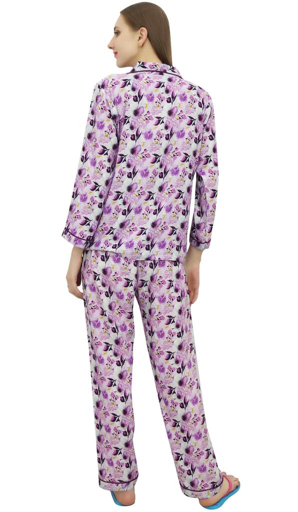 Bimba Purple Button-Down Shirt With Elastic Waist Pajama Pant Night Wear