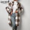 Fall and Winter Open Buckle POLO Neck Plush Plaid Jacket Loose Temperament Commuting Long Coat Women