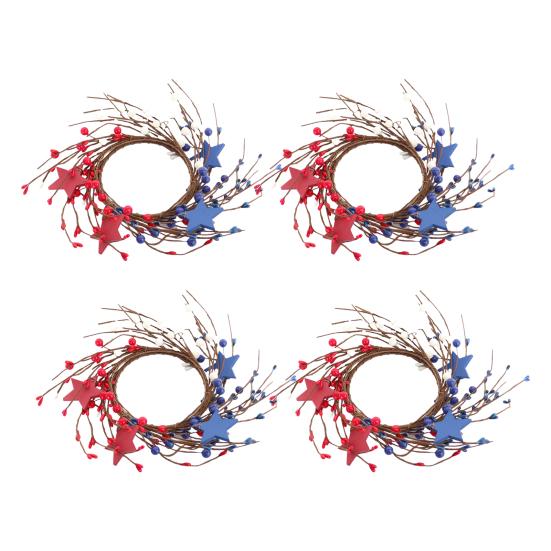 Patriotic Candle Ring Wreath Red White Blue Star Mixed Artificial Berry Candle Wreath Mini Pillar Candle Holder for 4th of July Tabletop Decor