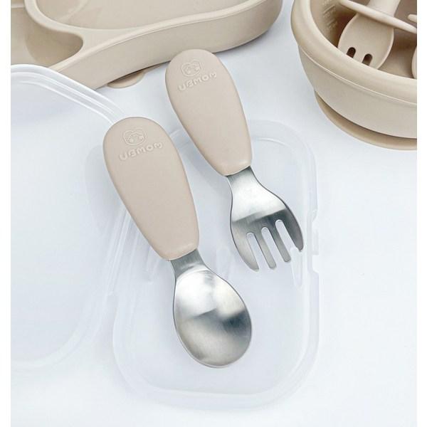 UBMom Infant Stainless Steel Silicone Handle Baby Food Spoon Fork Case Set, Chocolate Rice Cake (Choco), 1 Set