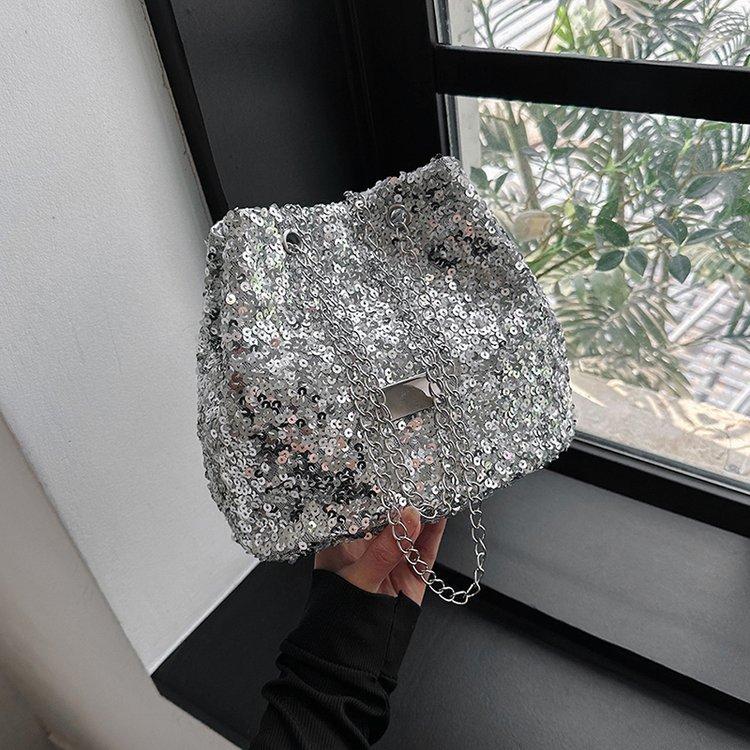 This Year's Popular Niche Design Sequined Bag 2024 New Women's Bag Personalized Chain Messenger Bag Shoulder Bucket Bag