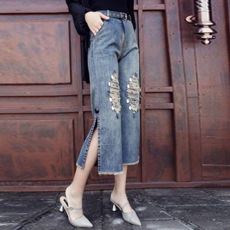 Women's Fashion Jeans with Ripped Holes and Loose Fit Wide Leg Pants