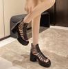 Women's High Heel Sandals Hollow Short Boots Summer Women Shoes Black Square Toe Platform Back Zipper Fashion Sandales Femme