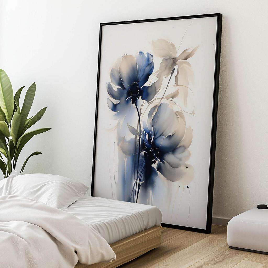 Blue Flowers In Watercolor Blue Flowers In Watercolor, 50X70 Cm, Dark Brown Wooden Frame, 230 Gsm Matte Paper