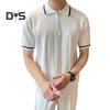 Men Summer Shirt Thin Knitted Short Sleeve Zippered Lapel Top Stretchy Hem Striped Solid Color Loose Shirt for Commuting Travel Outdoor