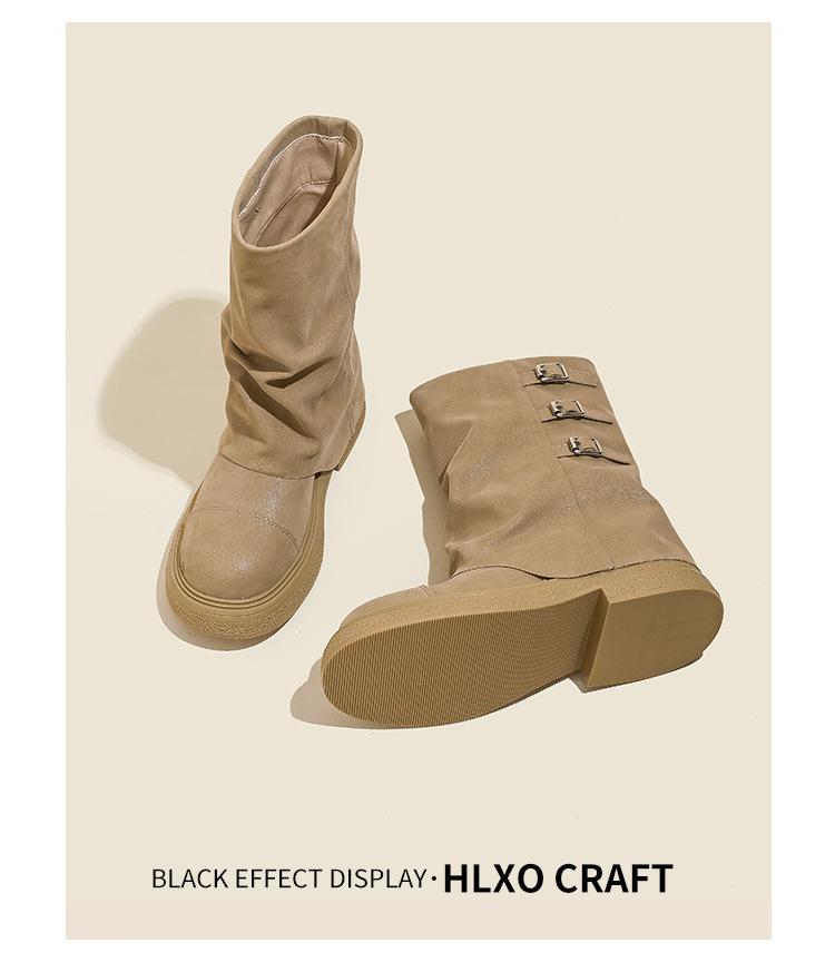 Cowhide Version Punk Thick-soled Western Cowboy Boots Belt Buckle Thick Heel Trouser Tube Boots Spice Girl Versatile Short Martin Boots