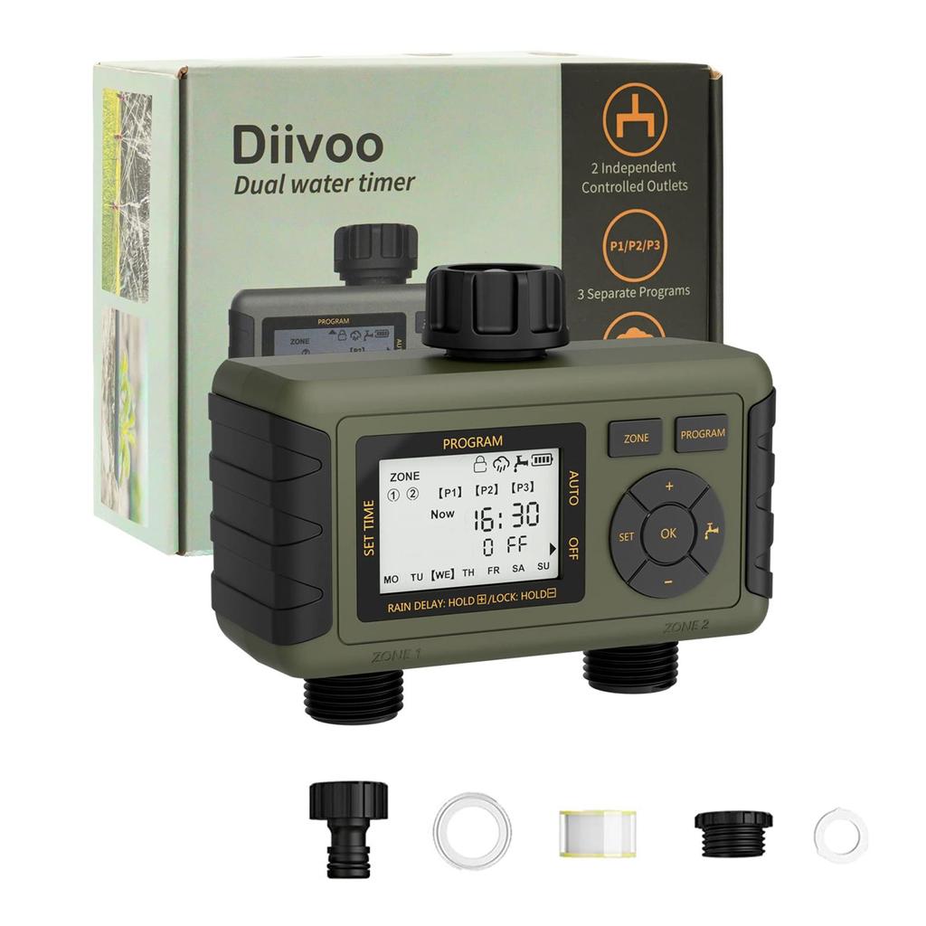 Diivoo 2 Zone Automatic Watering Timer Garden Irrigation Controller Outdoor With LCD Dispaly Waterproof Programmer for Lawn