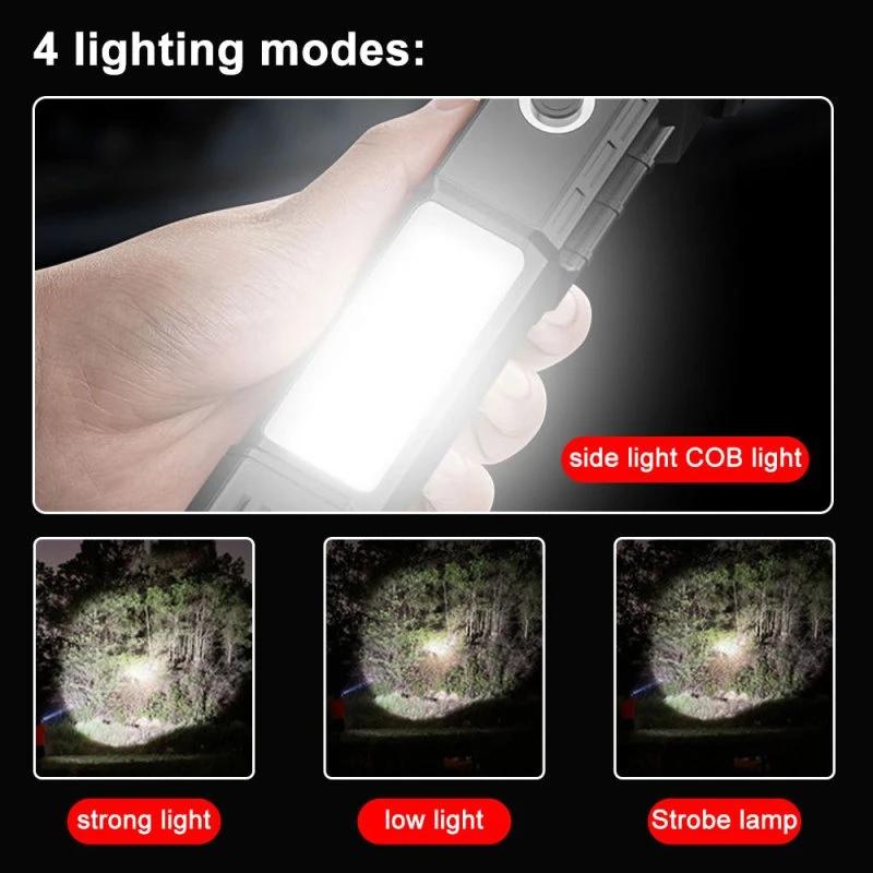 LED Flashlights Tactical Torch Rechargeable Portable Spotlight Long-Range Camping Flashlight With Safety Hammer COB Sidelight