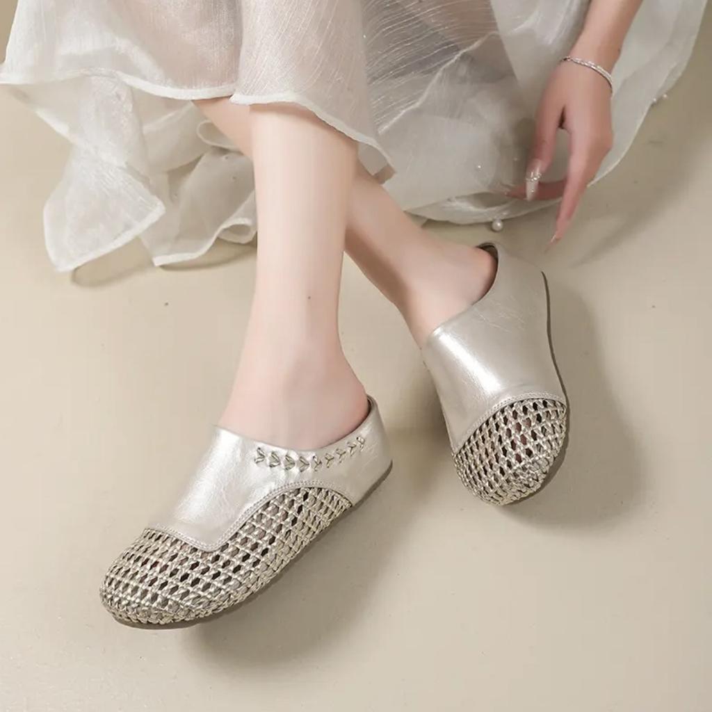 Thick-bottomed Woven Hollow Baotou Cool Slippers Women's 2025 New Comfortable and Breathable Beach Roman Slippers