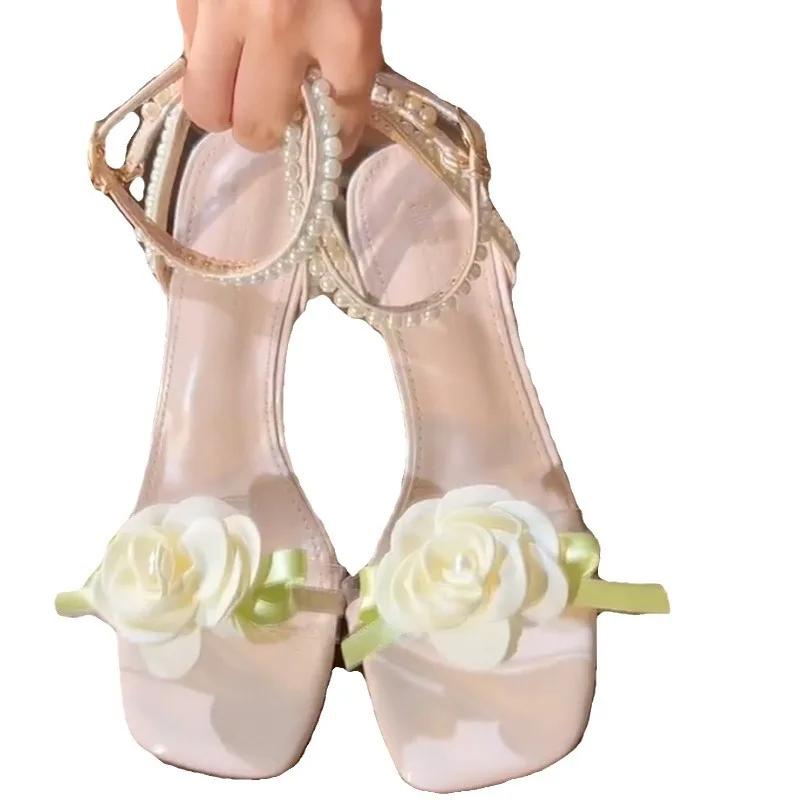 New Exquisite Women's Sandals Fairy Style Coarse Heel Flower Fashion Casual Women's Sandals Root Pearl High Heels Women's Shoes