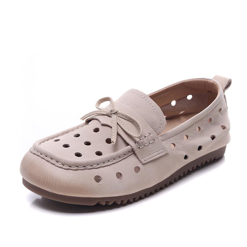Johnature Genuine Leather Hollow-out Women's Slip-on Shoes Comfortable Casual Flat Breathable Sandals