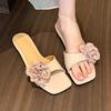 Slope Heel Open-toed One-word Slippers for Women In Summer, New Flower-decorated Square Head Cool Slippers