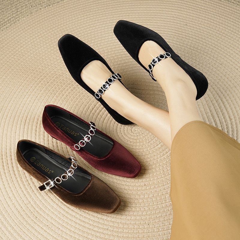 Retro Square Head with Rhinestone Evening Shoes Thick Middle Heel Suede Mary Jane Shoes 2025 Heightened Autumn and Winter New Models