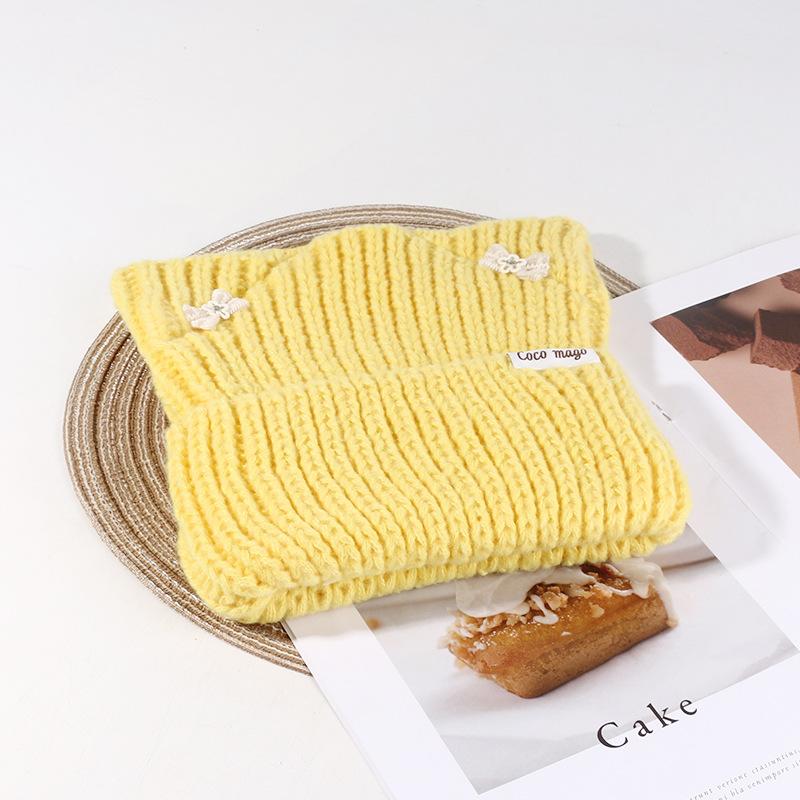 Korean Bow Hat Women's Cute Cat Ear Knitted Hat Outdoor Warm Versatile Wool Hat Student Pullover Cold Hat