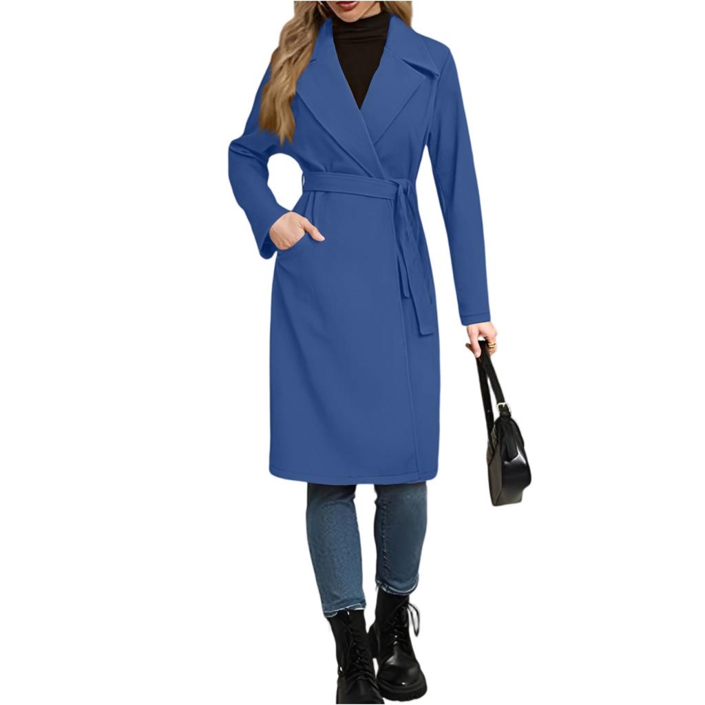 Women's Casual Fashion Solid Color Long-sleeved V-neck Tie Long Woolen Coat