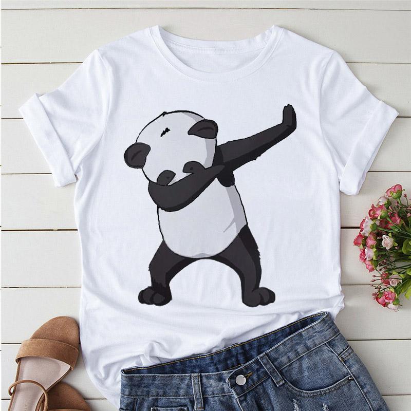 Aesthetics Cute Panda Print Women Basic Tees Cartoon Top O-Neck Simple Tee Short Sleeve T-Shirt Ladies Tees Graphic White Tshirt