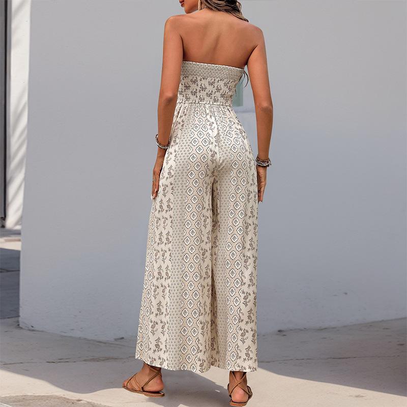 Summer Women's Jumpsuit High Waist Tie Wide Leg Pants Range Patchwork Ethnic Style Casual Pant
