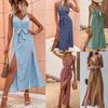 2025 Summer Floral Tie-up V-neck Spaghetti Strap Maxi Dress for Women