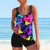 Women's Shoulder Strap Swimsuit Multicolored Graffiti Print Bikini Tankini Swimsuit