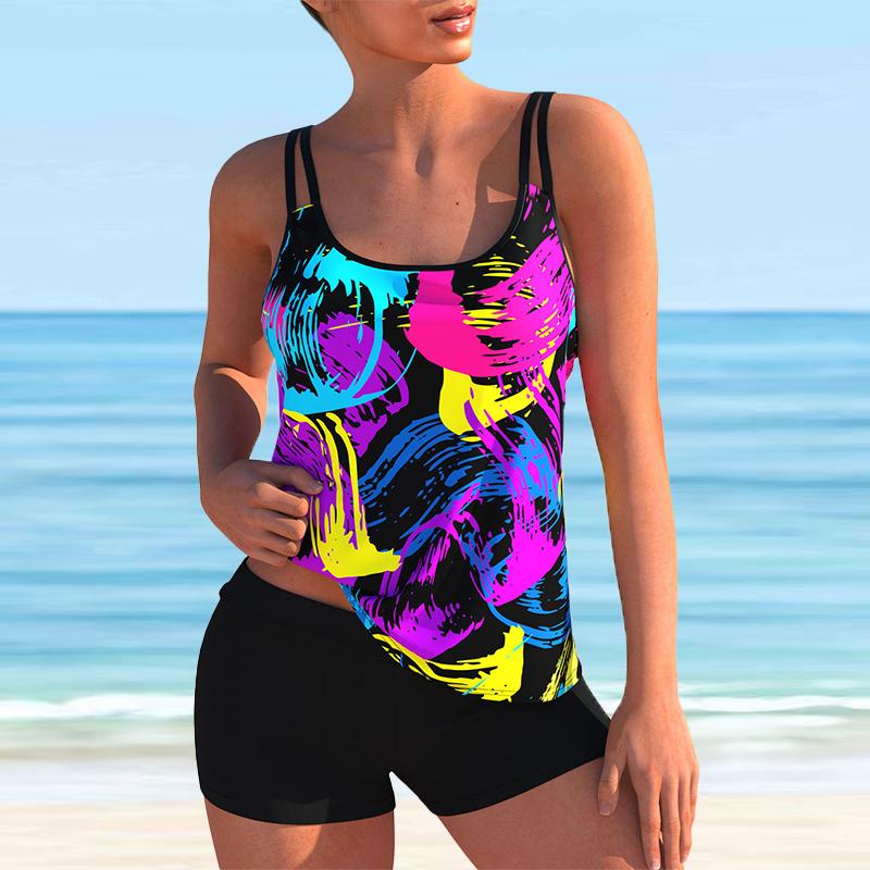 Women's Shoulder Strap Swimsuit Multicolored Graffiti Print Bikini Tankini Swimsuit