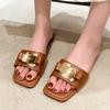 Fashion Shoes Female 2024 New Square Toe Open Toe Women's Slippers Summer Metal Decoration Solid Outdoor Casual Large Size Slippers