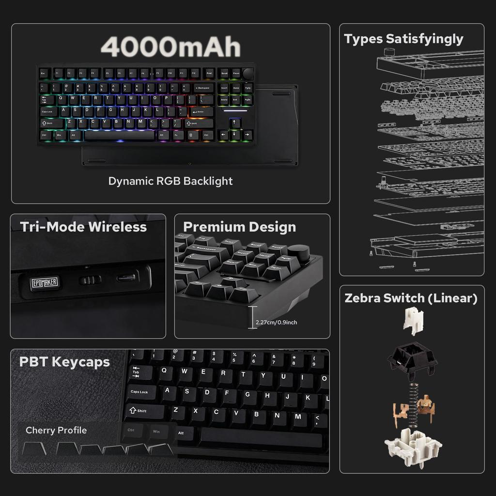 EPOMAKER P87 TKL Aluminum Wireless Gaming CNC Metal RGB Technical Standards Certification Zebra Keyboard, QMK/VIA Programmable, 87%