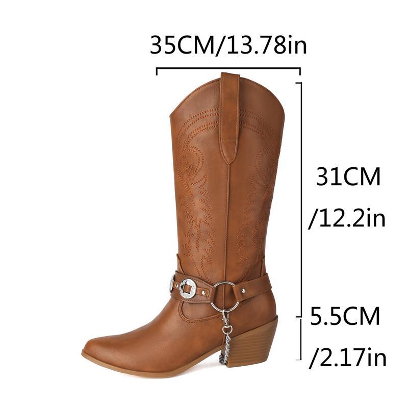 Plus Size 35-48 Retro Punk Embroidered Sewing Western Boots Women Pointy Toe Belt Buckle Metal Chain Chunky Heels Mid-calf Boots