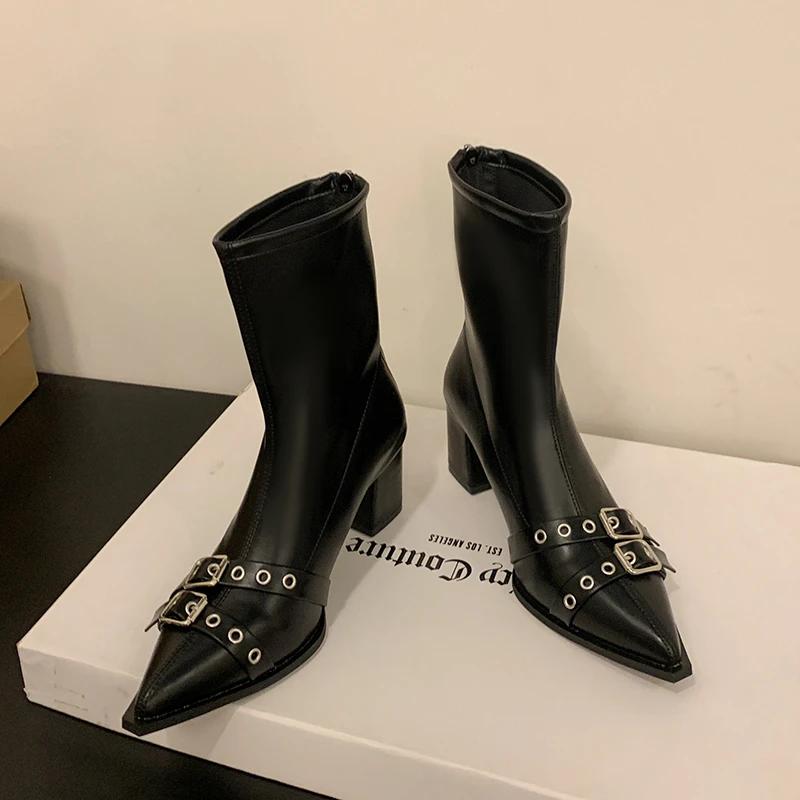 High Heeled Ankle Women's Boots 2024 New Pointed Velvet Sexy Women's Shoes Zipper Classic Japanese Boots Women's Boots Botas