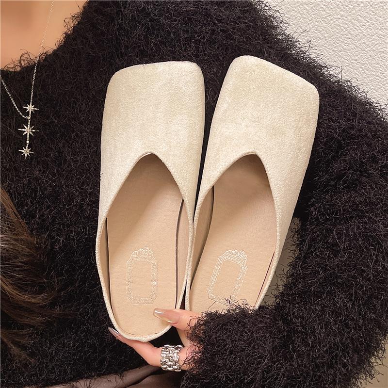 Fashion Brown Baotou Vintage Mules Women's Autumn New Flat Square Toe Fitting Room Lazy Suede Half Slippers