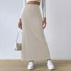 Women Skirt High Waist Knitted Elastic Thick Warm Ankle Length Striped Slim Fit Split Hem Soft Sheath Maxi Skirt