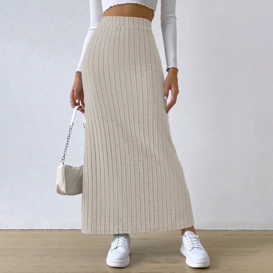 Women Skirt High Waist Knitted Elastic Thick Warm Ankle Length Striped Slim Fit Split Hem Soft Sheath Maxi Skirt