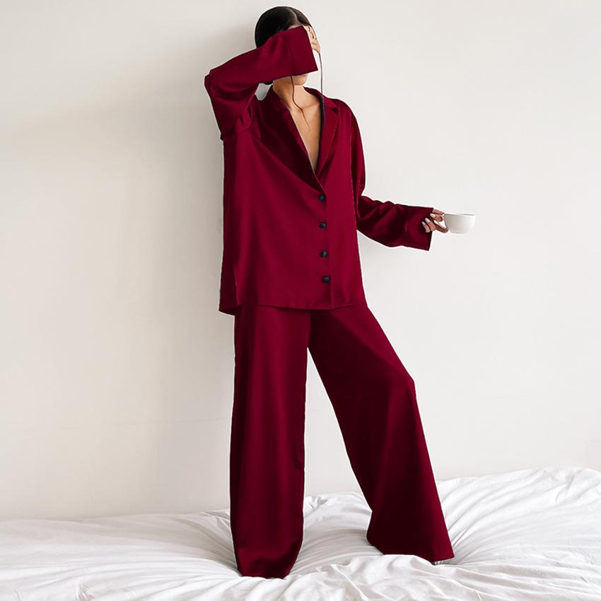 New Satin Silk Pajamas Low-cut Sexy Pajamas for Women Single-breasted Long-sleeved Wide-leg Pants Trousers Suit