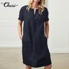 Women's Summer Dresses Plus Size Fashion Clothes Casual Short Sleeve T-shirt Dress Ladies V-neck Linen Dress Solid Color Mini Beach Dress Party Dress