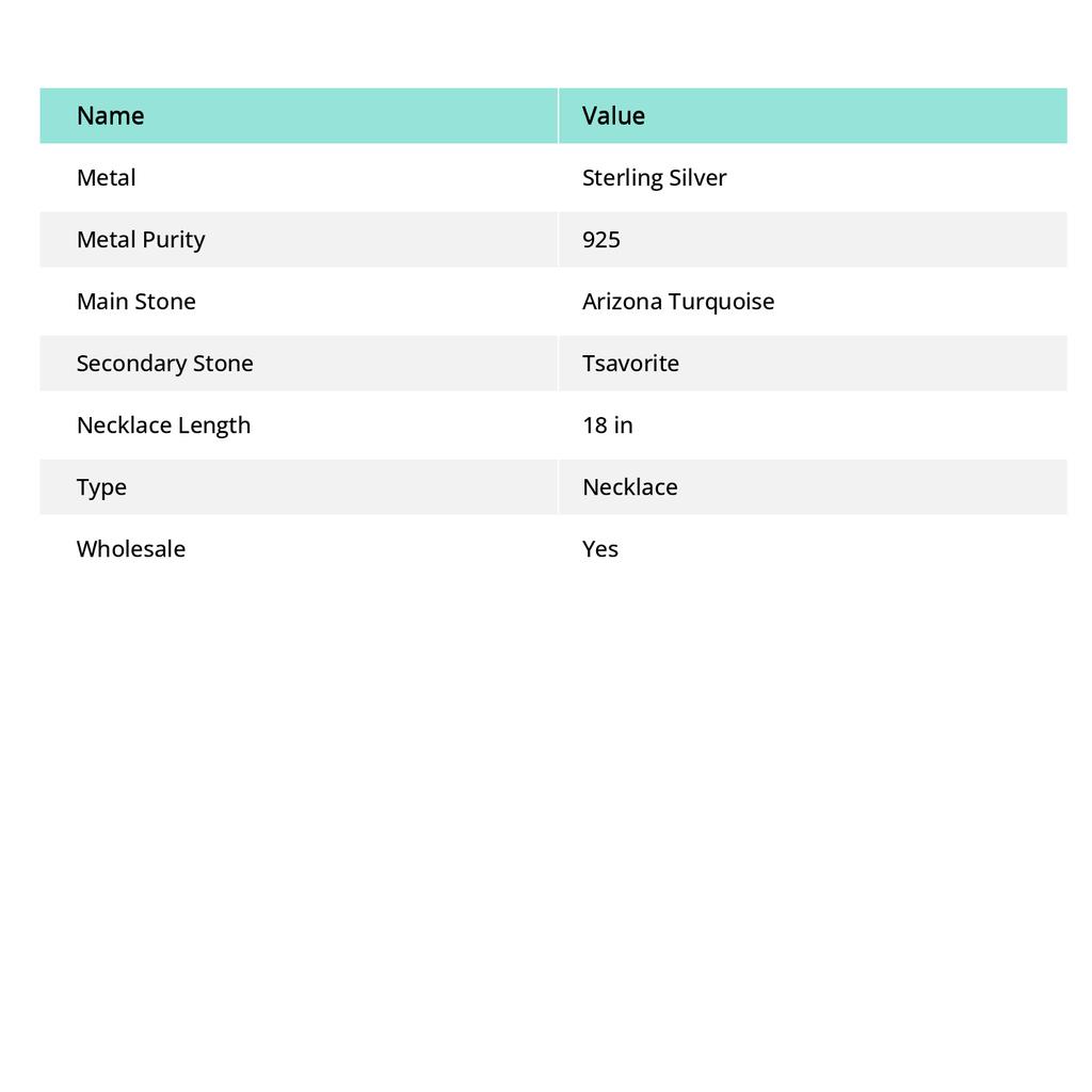 Natural Arizona Turquoise, Tsavorite 925 Sterling Silver Necklace 18" j5F78