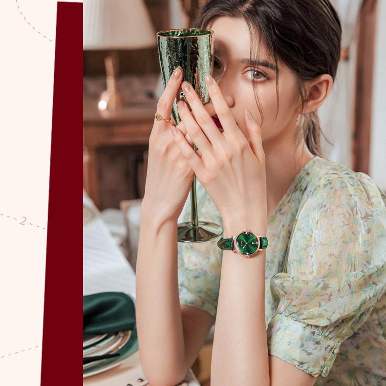 OLEVS Valentine's Day Gift 2023 New Fashion Quartz Small Green Watch Simple Belt Women's Watch