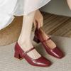 Retro Square Toe Women Mary Jane Shoes 2024 Spring New Genuine Leather Thick Heel Versatile High Heel Women's Shoes