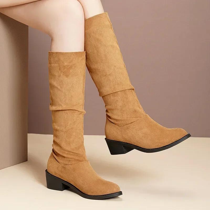 Fashion Pointed Toe Pleated Boots Women Black Nude Faux Suede Flock Knee High Boots Ladies Low Chunky Heel Cowboy Boots Plus Size 2024