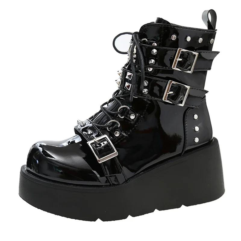 Fashion Big Size 40 Black Gothic Motorcycle Boots Zip High Heel Punk Rivets Chunky Platform Mid-Calf Women Boots Shoes Women